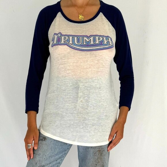 y2k vintage navy white Triumph logo graphic baseball jersey paper thin sheer top - Picture 1 of 7